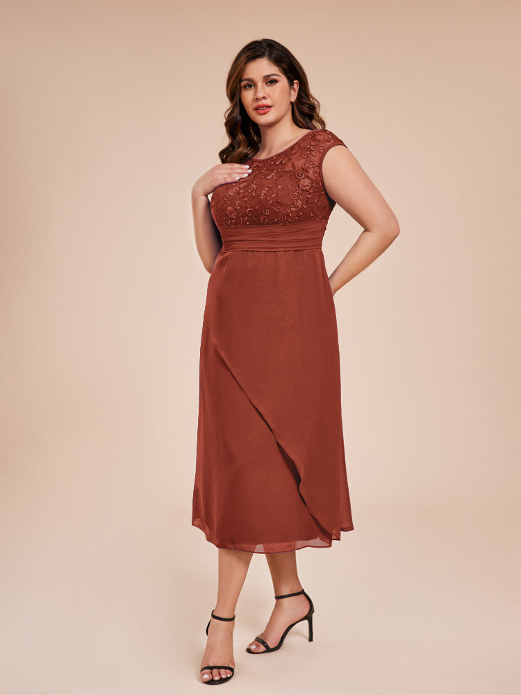 A Line Cap Sleeves Ruffle Lace Bodice Chiffon Mother of the Groom Dress