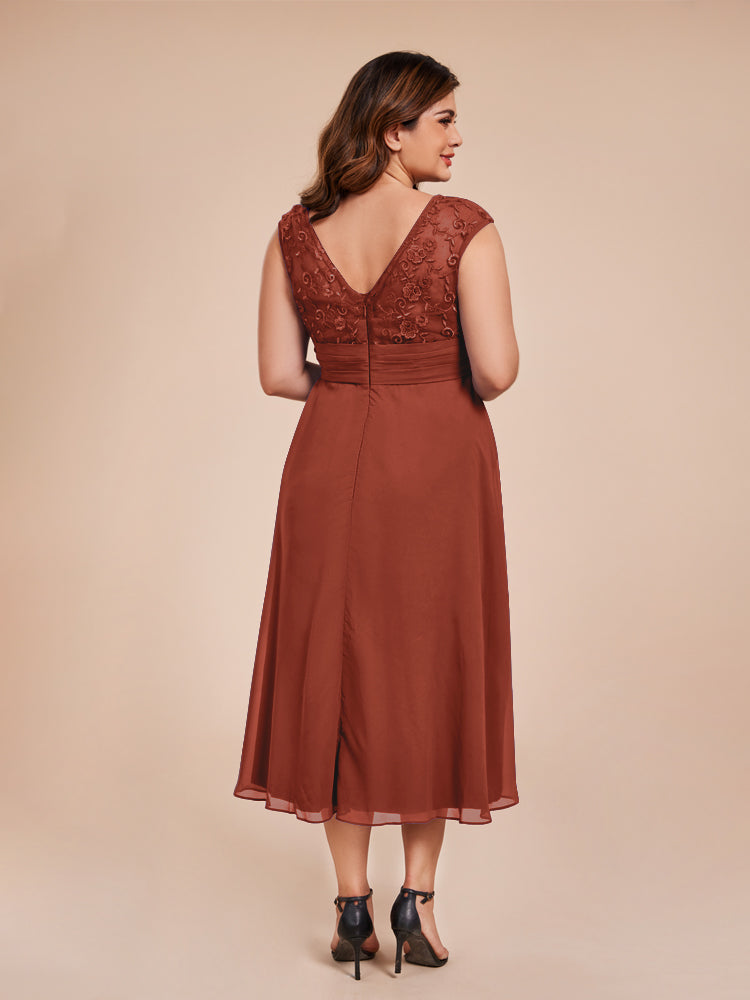 A Line Cap Sleeves Ruffle Lace Bodice Chiffon Mother of the Groom Dress