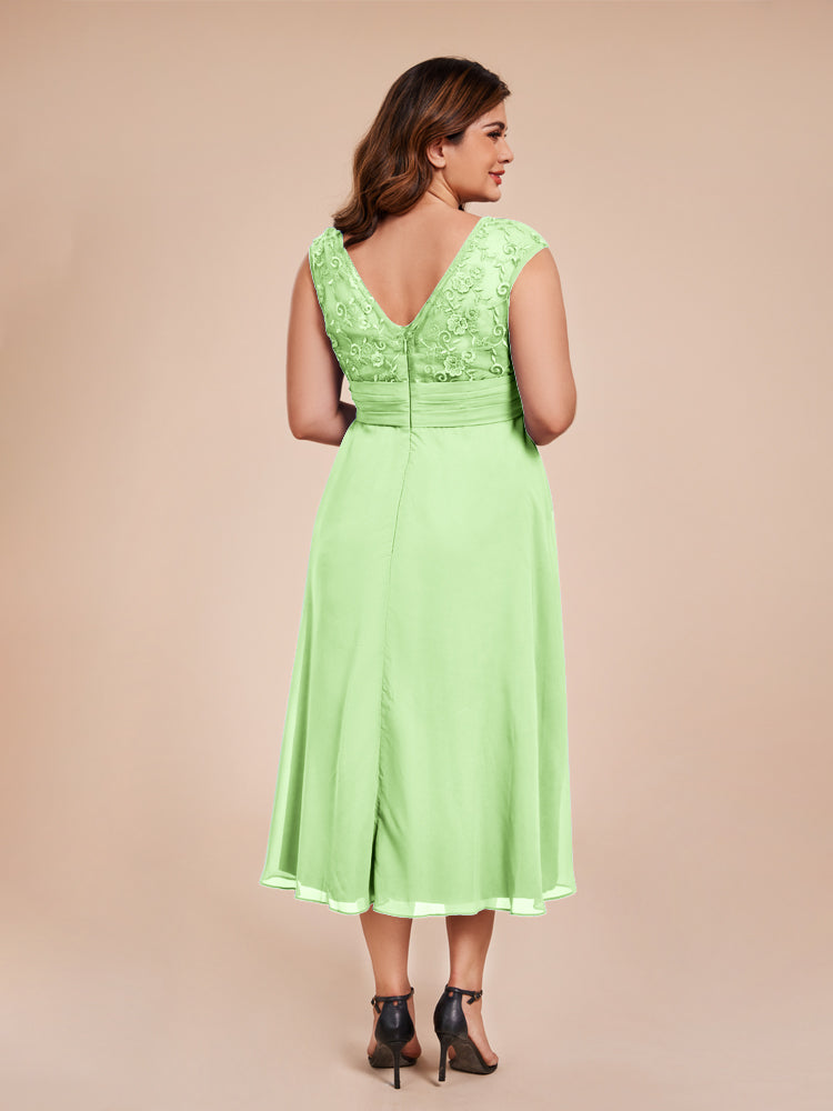 A Line Cap Sleeves Ruffle Lace Bodice Chiffon Mother of the Groom Dress
