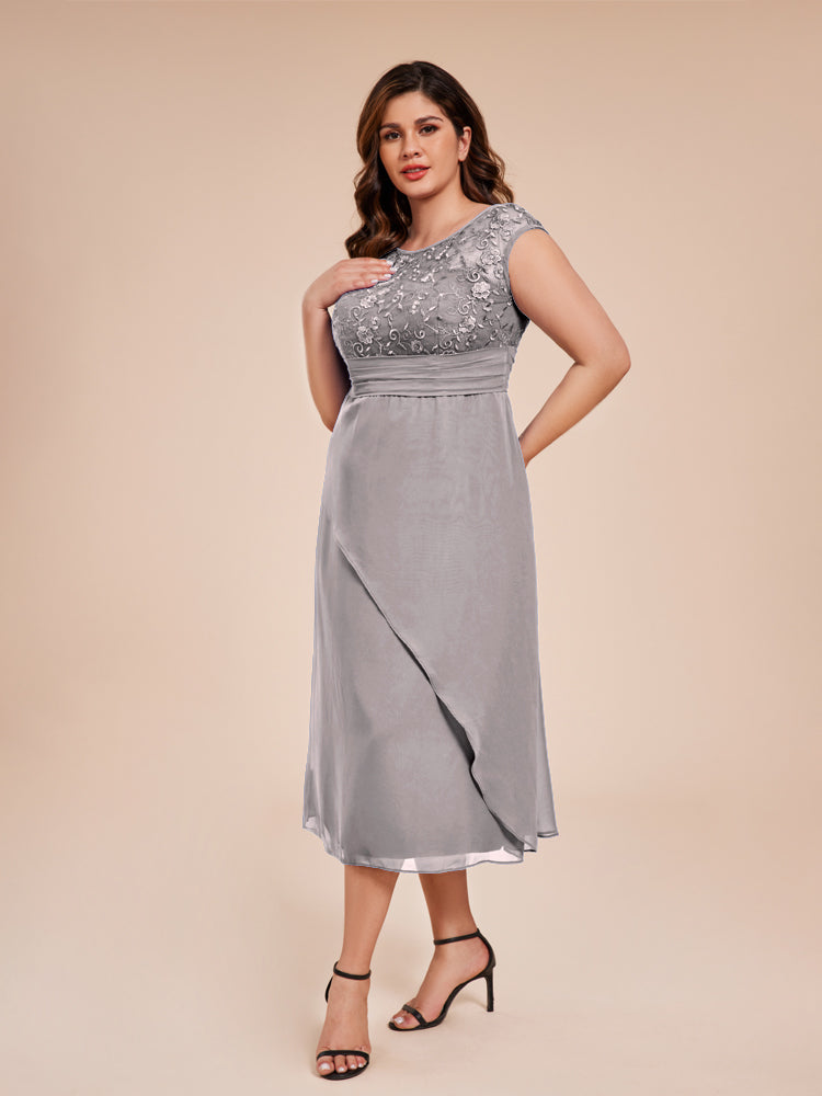 A Line Cap Sleeves Ruffle Lace Bodice Chiffon Mother of the Groom Dress