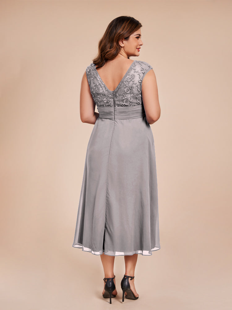 A Line Cap Sleeves Ruffle Lace Bodice Chiffon Mother of the Groom Dress