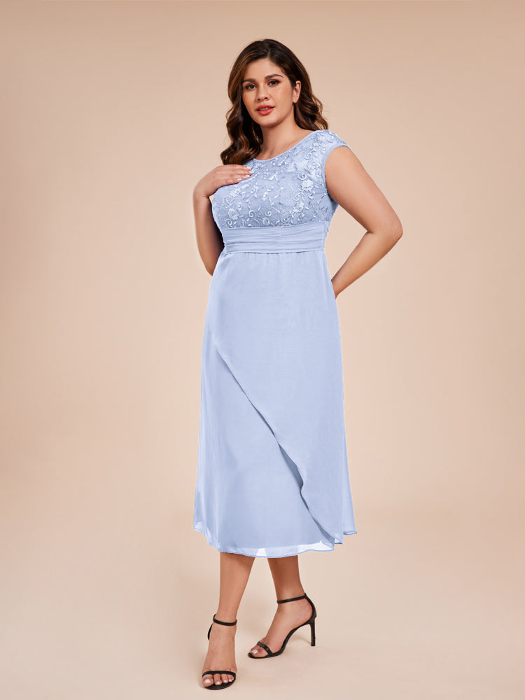 A Line Cap Sleeves Ruffle Lace Bodice Chiffon Mother of the Groom Dress