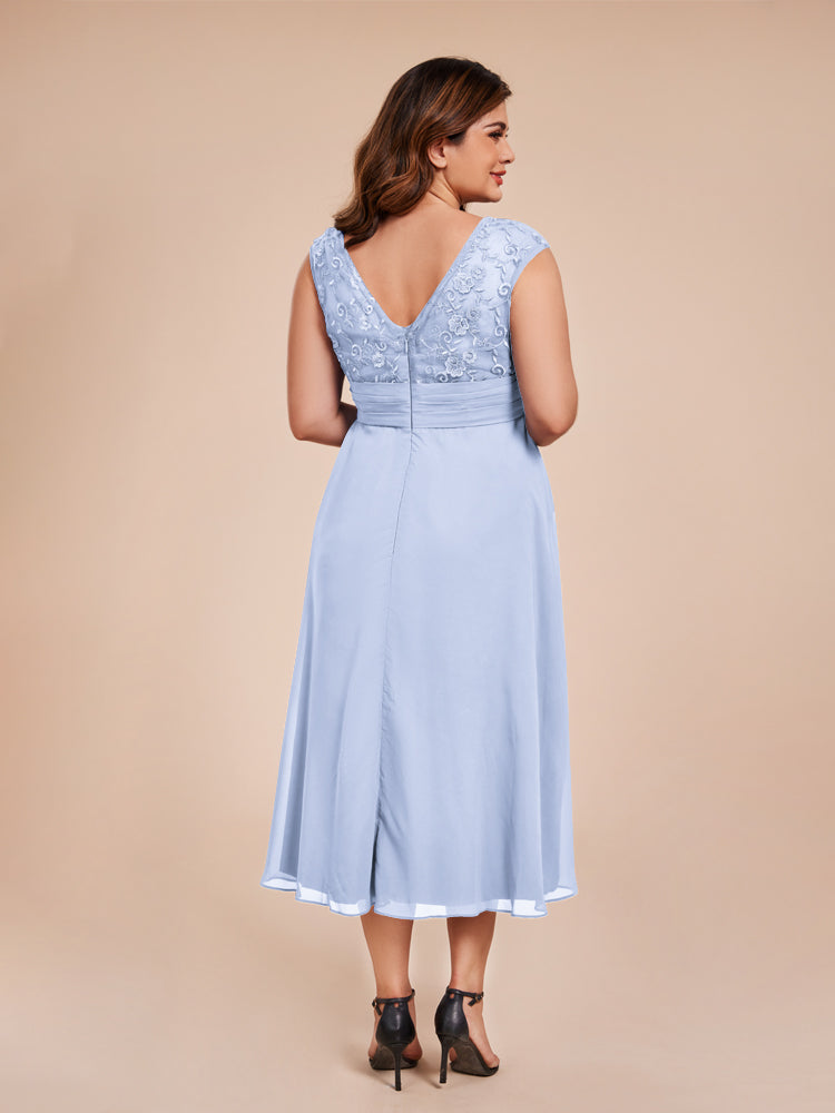 A Line Cap Sleeves Ruffle Lace Bodice Chiffon Mother of the Groom Dress