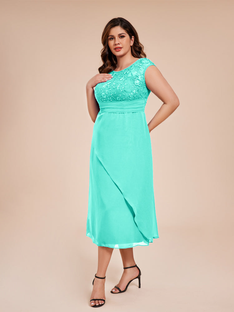 A Line Cap Sleeves Ruffle Lace Bodice Chiffon Mother of the Groom Dress