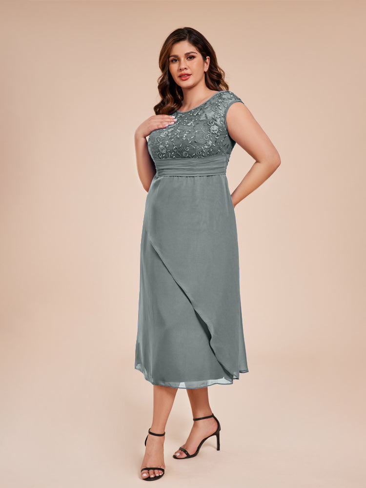 A Line Cap Sleeves Ruffle Lace Bodice Chiffon Mother of the Groom Dress