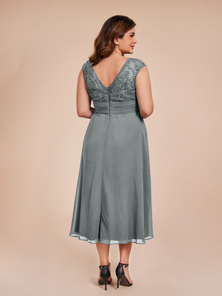 A Line Cap Sleeves Ruffle Lace Bodice Chiffon Mother of the Groom Dress
