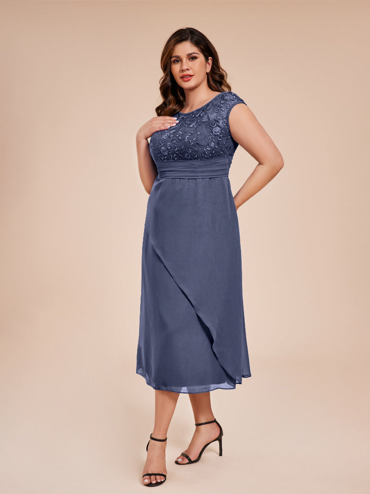A Line Cap Sleeves Ruffle Lace Bodice Chiffon Mother of the Groom Dress