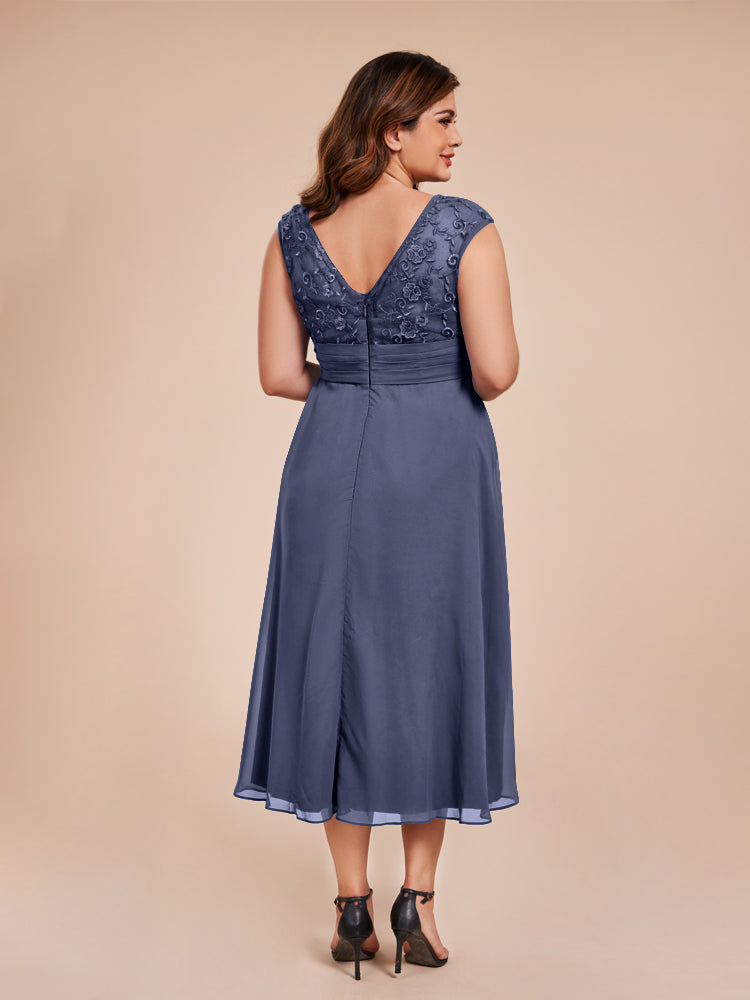 A Line Cap Sleeves Ruffle Lace Bodice Chiffon Mother of the Groom Dress