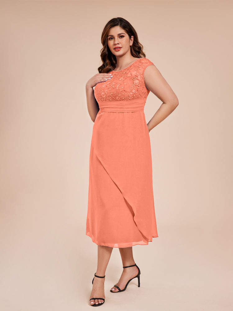 A Line Cap Sleeves Ruffle Lace Bodice Chiffon Mother of the Groom Dress