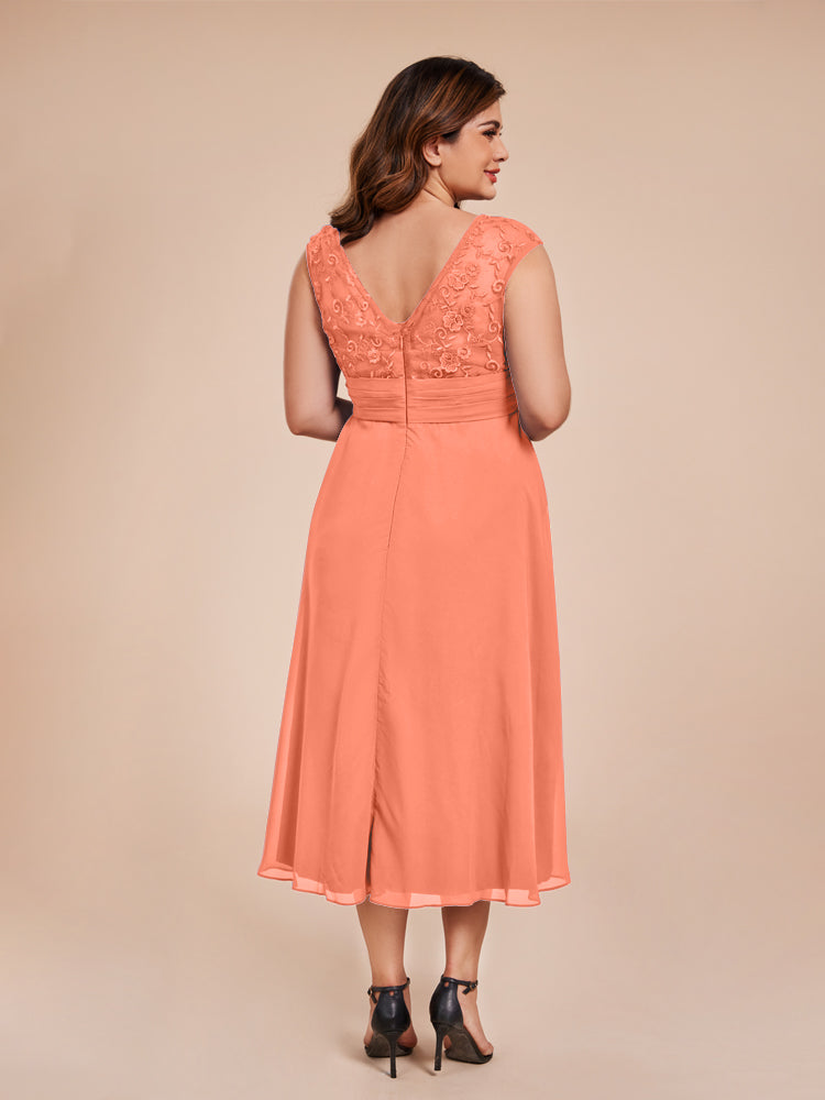 A Line Cap Sleeves Ruffle Lace Bodice Chiffon Mother of the Groom Dress