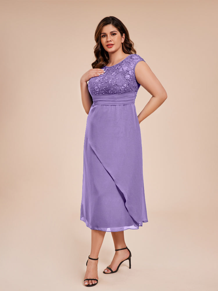 A Line Cap Sleeves Ruffle Lace Bodice Chiffon Mother of the Groom Dress