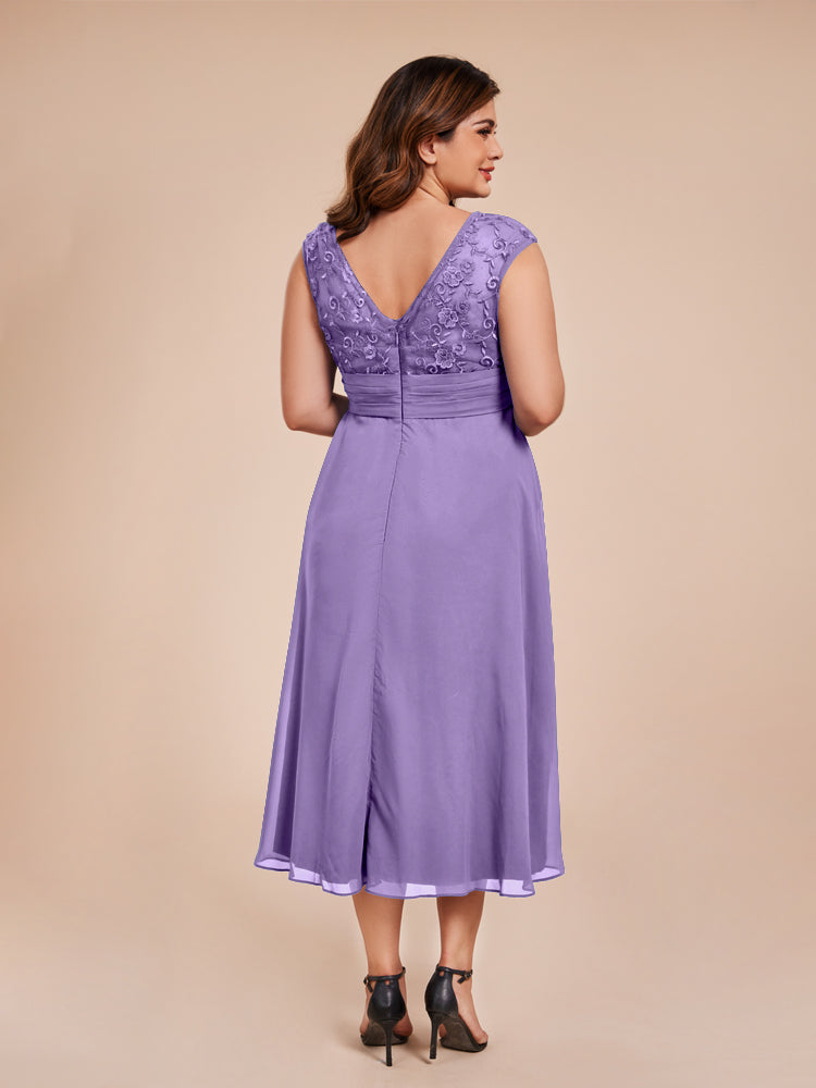 A Line Cap Sleeves Ruffle Lace Bodice Chiffon Mother of the Bride Dress