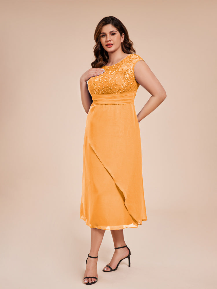A Line Cap Sleeves Ruffle Lace Bodice Chiffon Mother of the Groom Dress