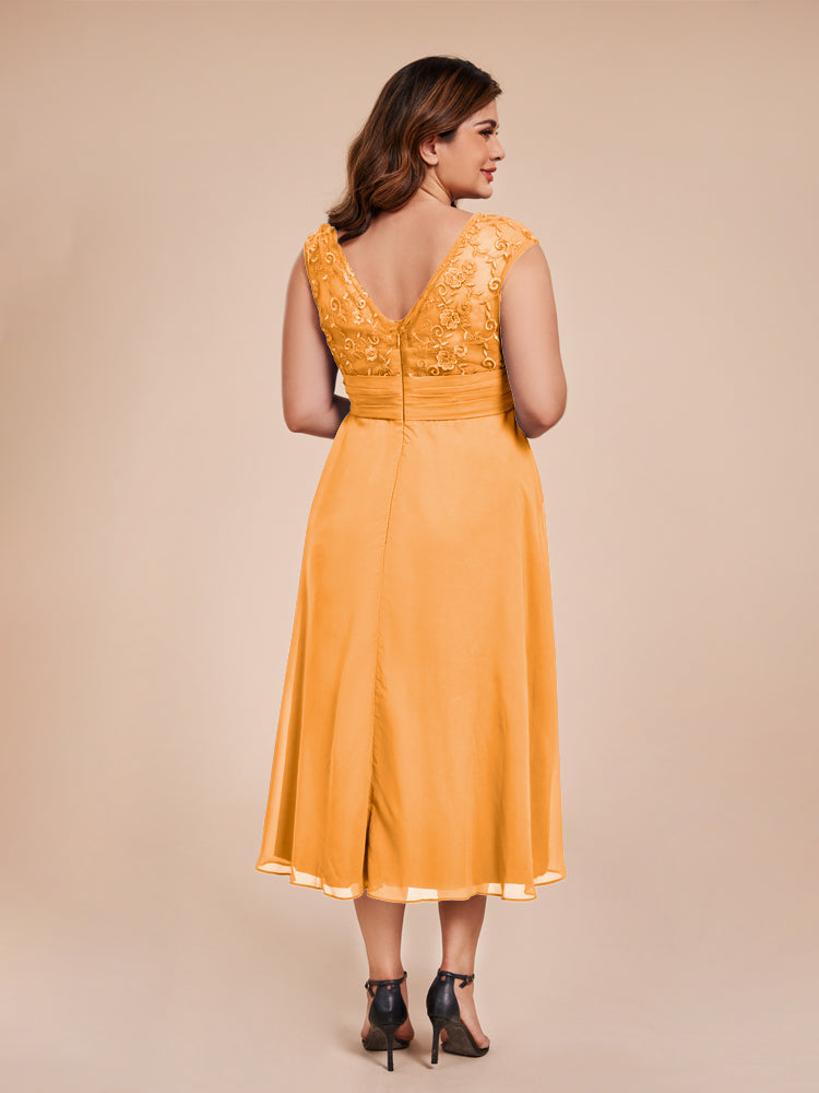 A Line Cap Sleeves Ruffle Lace Bodice Chiffon Mother of the Groom Dress