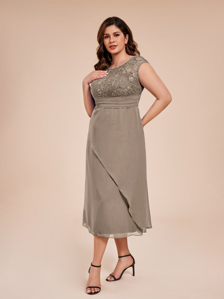 A Line Cap Sleeves Ruffle Lace Bodice Chiffon Mother of the Groom Dress