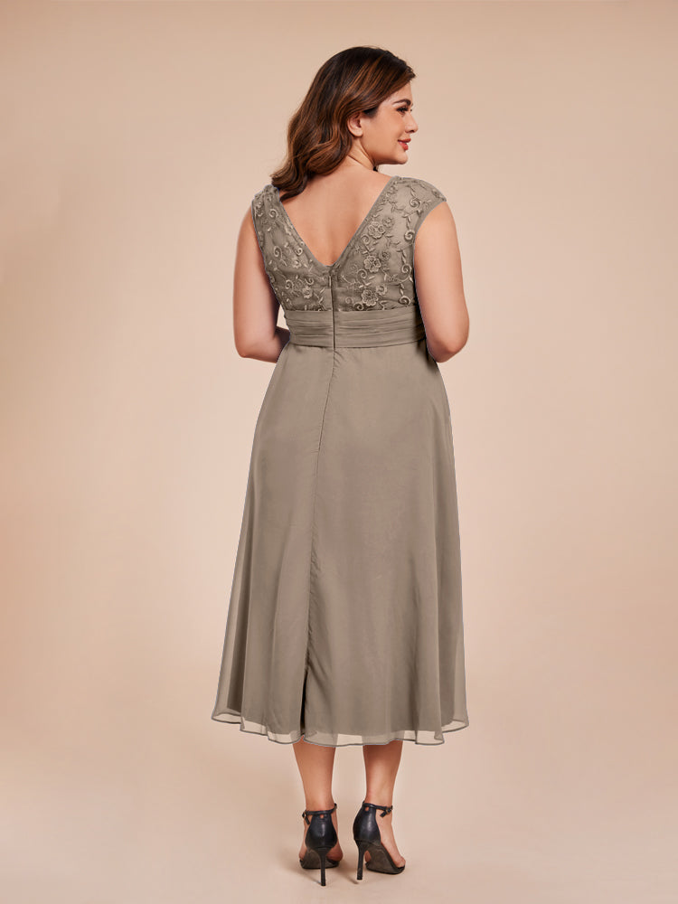 A Line Cap Sleeves Ruffle Lace Bodice Chiffon Mother of the Groom Dress