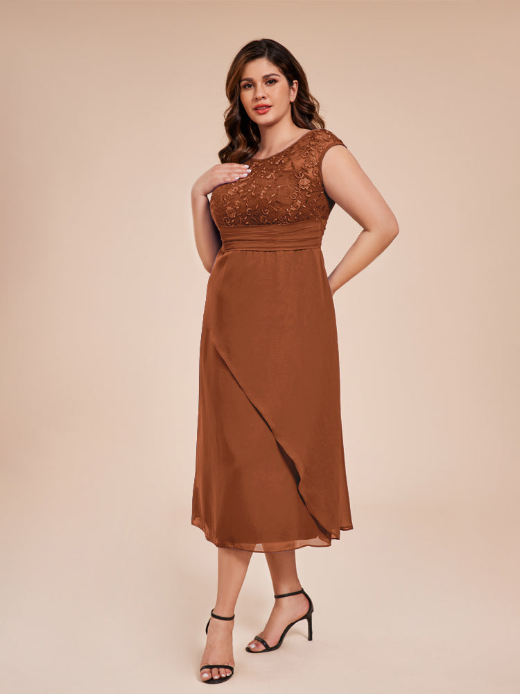 A Line Cap Sleeves Ruffle Lace Bodice Chiffon Mother of the Groom Dress