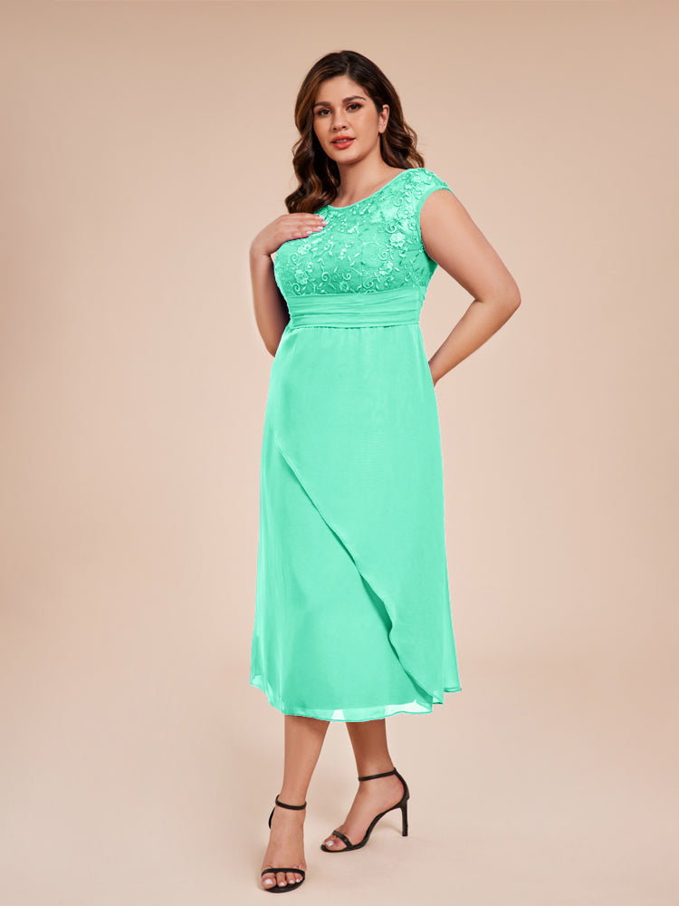 A Line Cap Sleeves Ruffle Lace Bodice Chiffon Mother of the Groom Dress