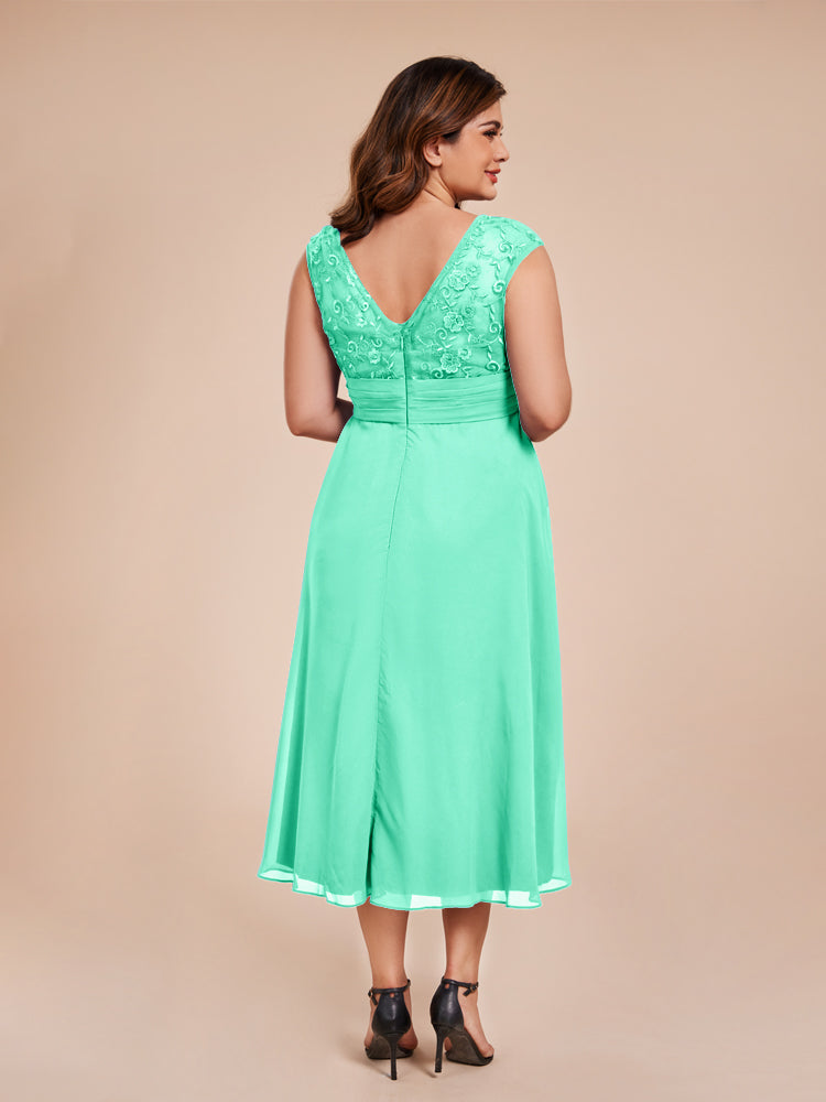 A Line Cap Sleeves Ruffle Lace Bodice Chiffon Mother of the Groom Dress