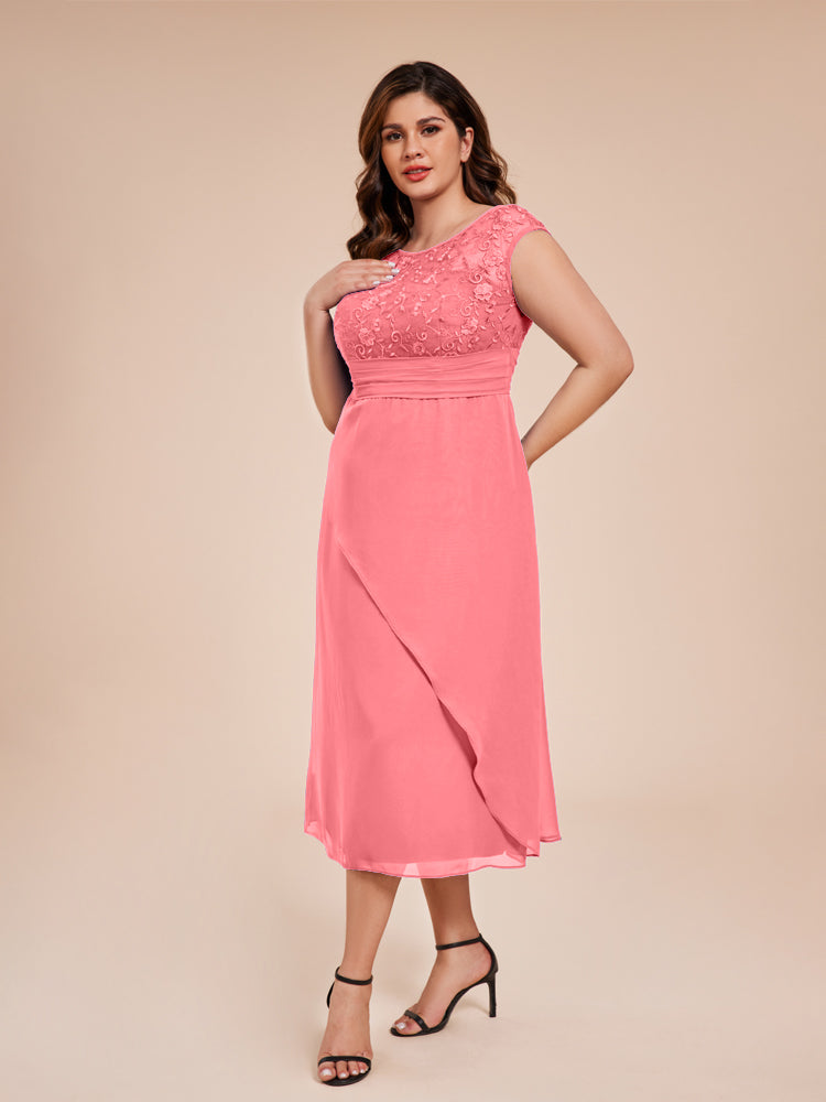 A Line Cap Sleeves Ruffle Lace Bodice Chiffon Mother of the Groom Dress