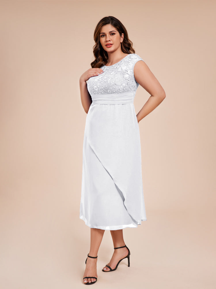 A Line Cap Sleeves Ruffle Lace Bodice Chiffon Mother of the Groom Dress