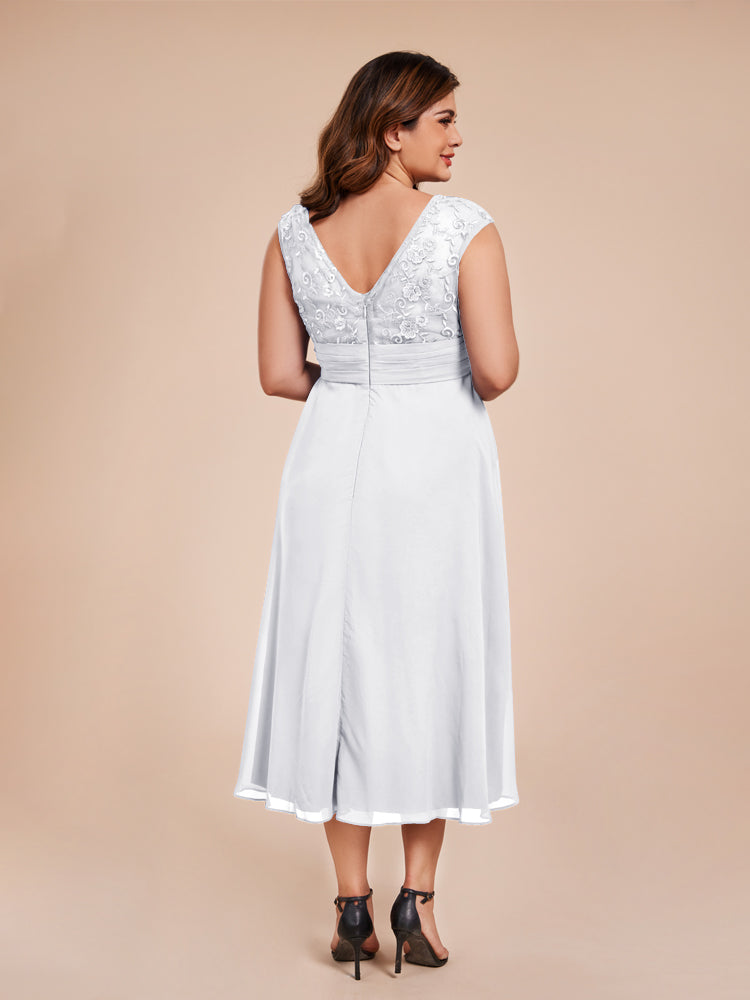 A Line Cap Sleeves Ruffle Lace Bodice Chiffon Mother of the Groom Dress
