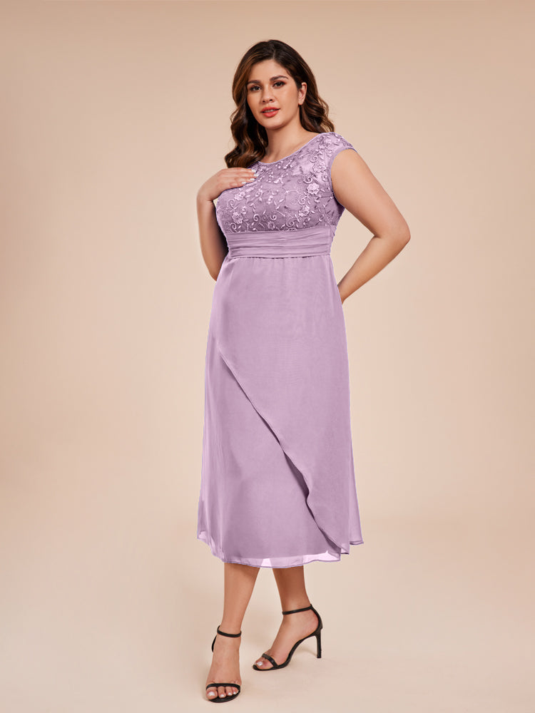 A Line Cap Sleeves Ruffle Lace Bodice Chiffon Mother of the Groom Dress