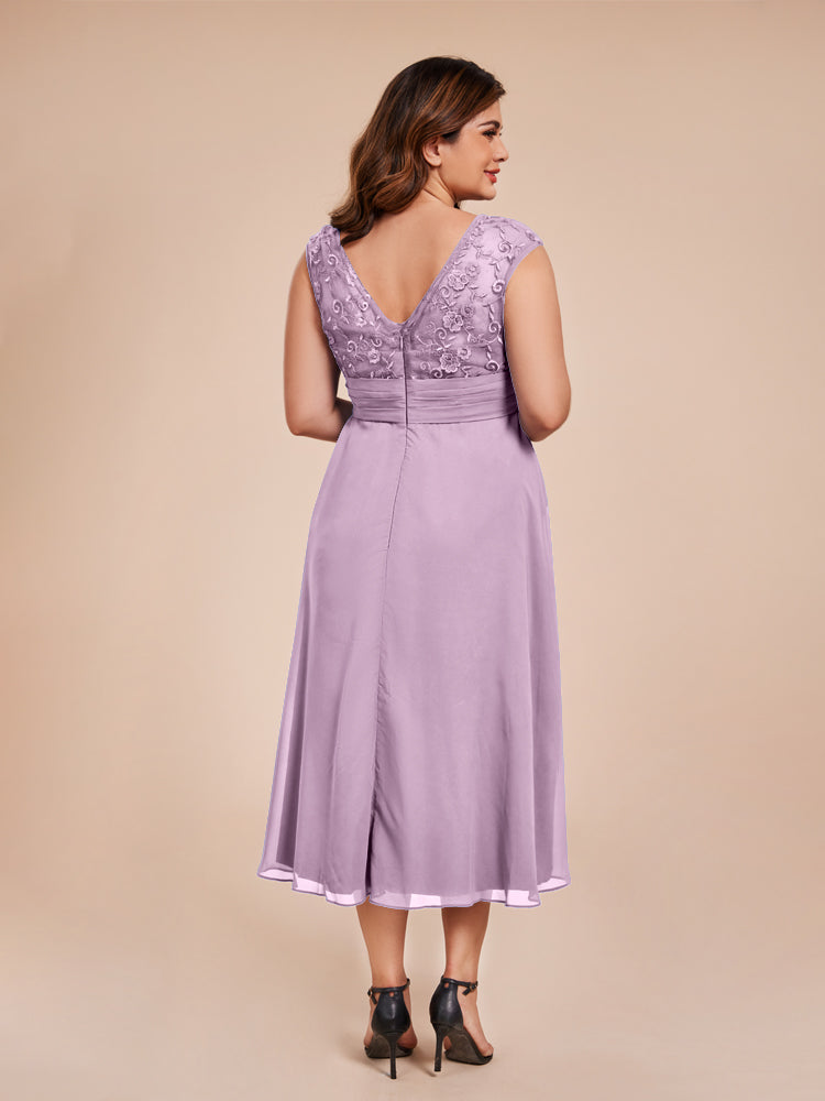 A Line Cap Sleeves Ruffle Lace Bodice Chiffon Mother of the Groom Dress
