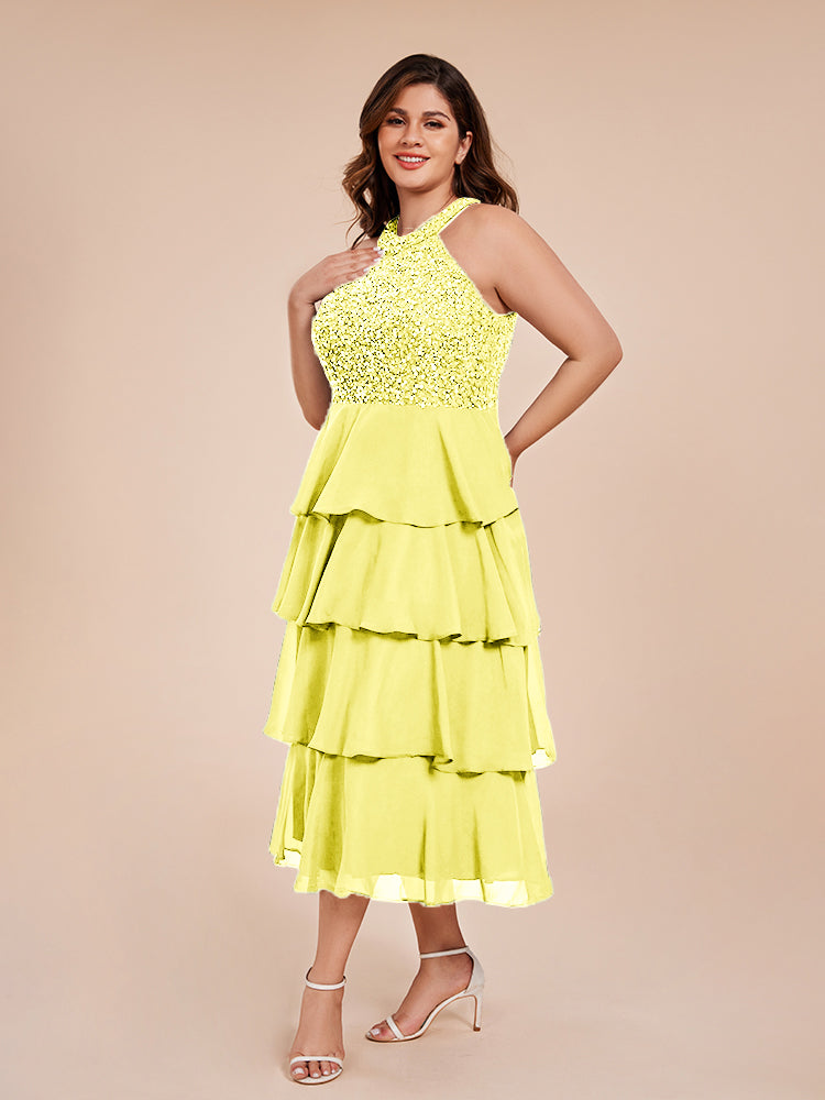 A Line Halter Delicate Beaded Top Layered Chiffon Mother of the Bride Dress