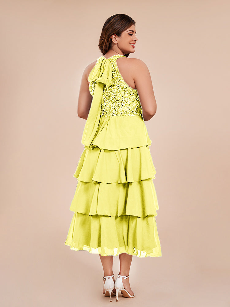 A Line Halter Delicate Beaded Top Layered Chiffon Mother of the Bride Dress