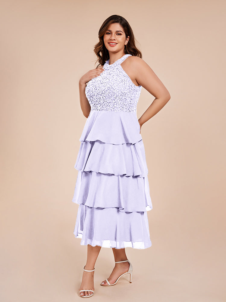 A Line Halter Delicate Beaded Top Layered Chiffon Mother of the Bride Dress