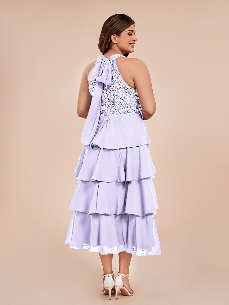 A Line Halter Delicate Beaded Top Layered Chiffon Mother of the Bride Dress