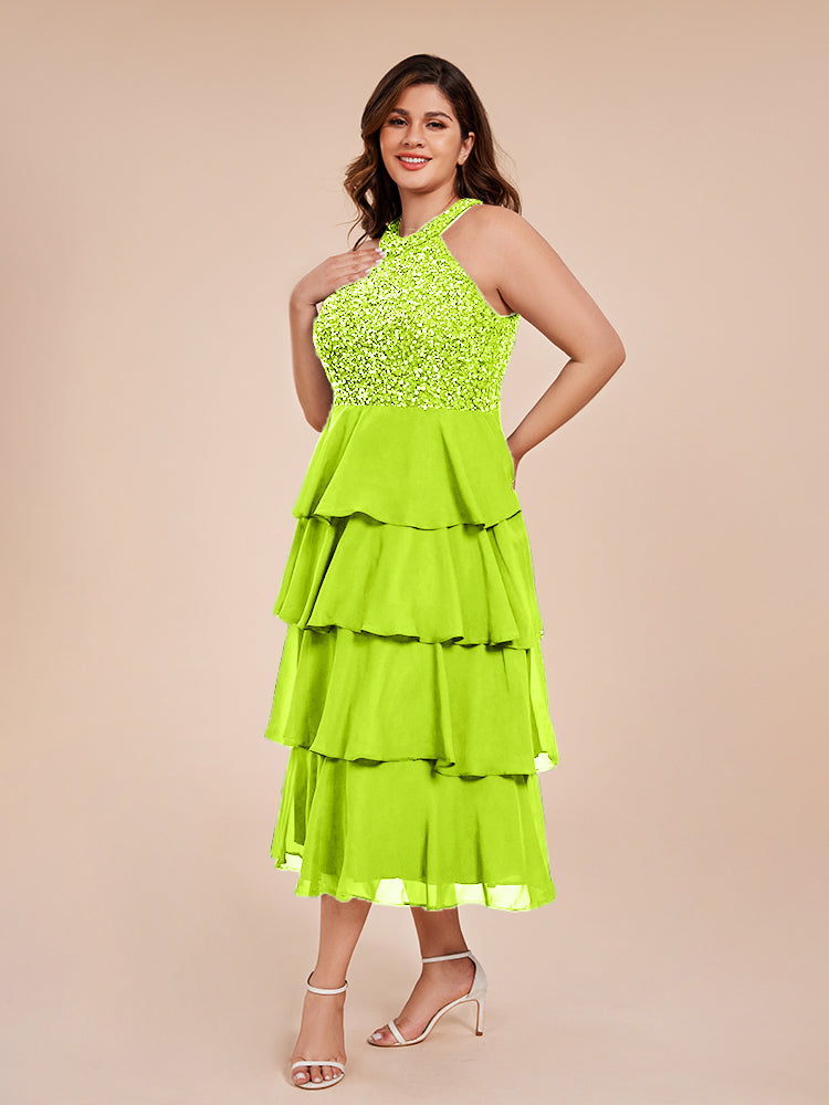 A Line Halter Delicate Beaded Top Layered Chiffon Mother of the Bride Dress
