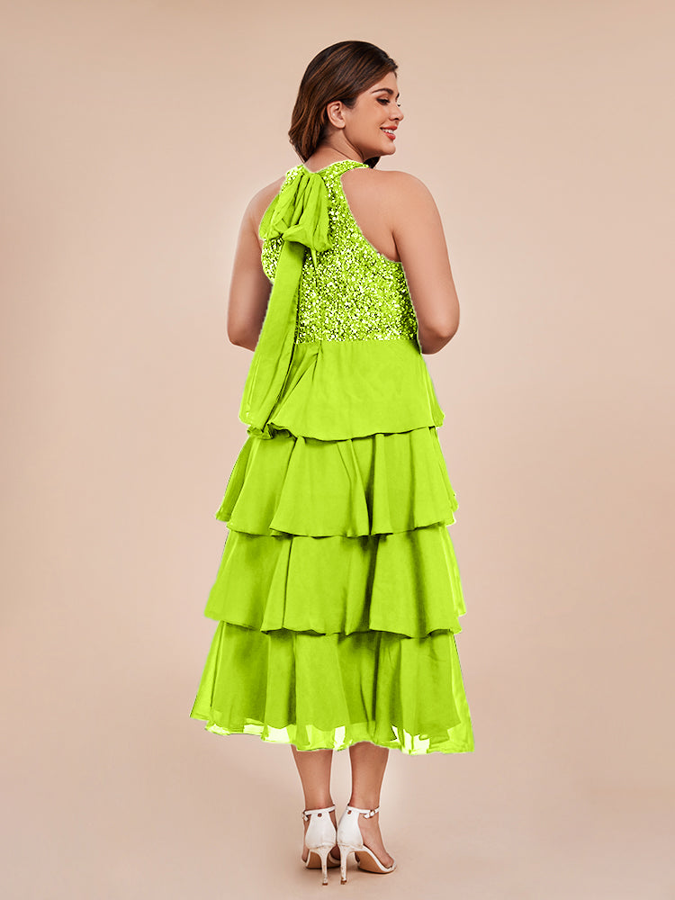 A Line Halter Delicate Beaded Top Layered Chiffon Mother of the Bride Dress