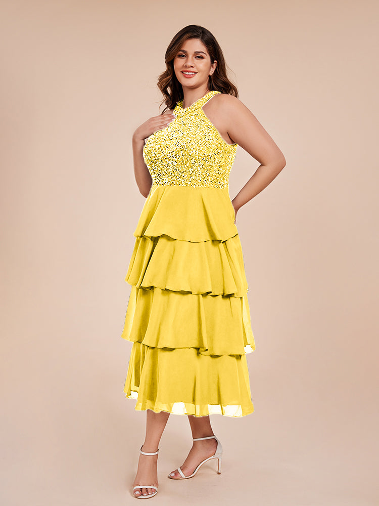 A Line Halter Delicate Beaded Top Layered Chiffon Mother of the Bride Dress