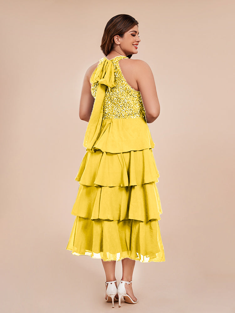 A Line Halter Delicate Beaded Top Layered Chiffon Mother of the Bride Dress