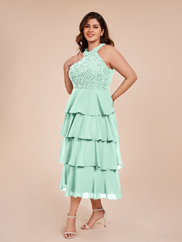 A Line Halter Delicate Beaded Top Layered Chiffon Mother of the Bride Dress