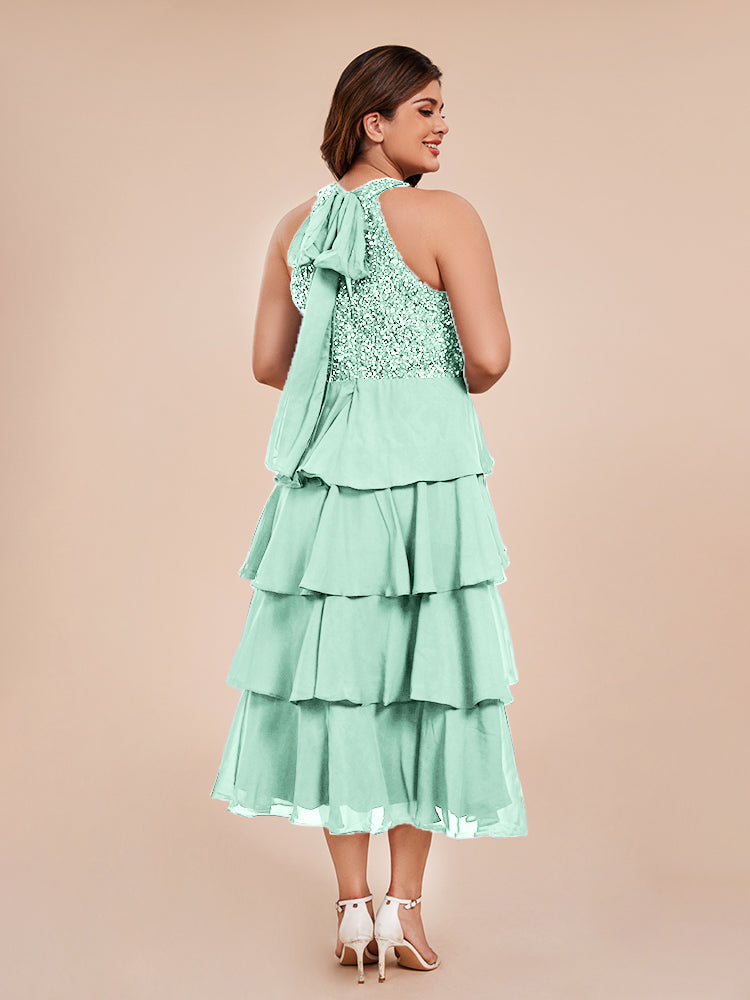 A Line Halter Delicate Beaded Top Layered Chiffon Mother of the Bride Dress