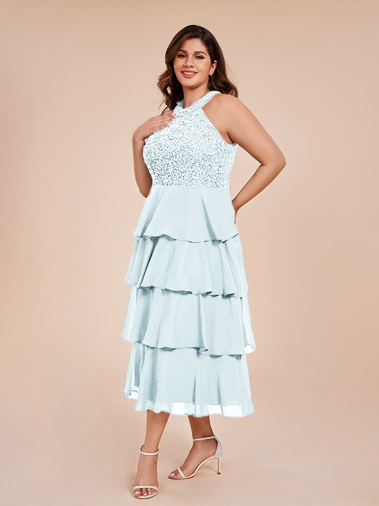 A Line Halter Delicate Beaded Top Layered Chiffon Mother of the Bride Dress