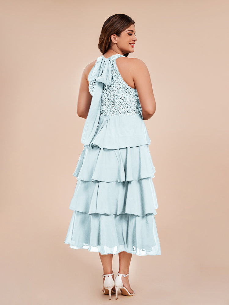 A Line Halter Delicate Beaded Top Layered Chiffon Mother of the Bride Dress