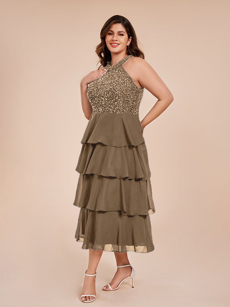 A Line Halter Delicate Beaded Top Layered Chiffon Mother of the Bride Dress