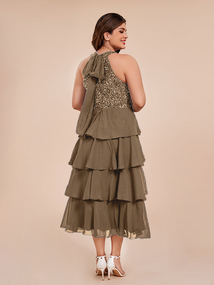 A Line Halter Delicate Beaded Top Layered Chiffon Mother of the Bride Dress
