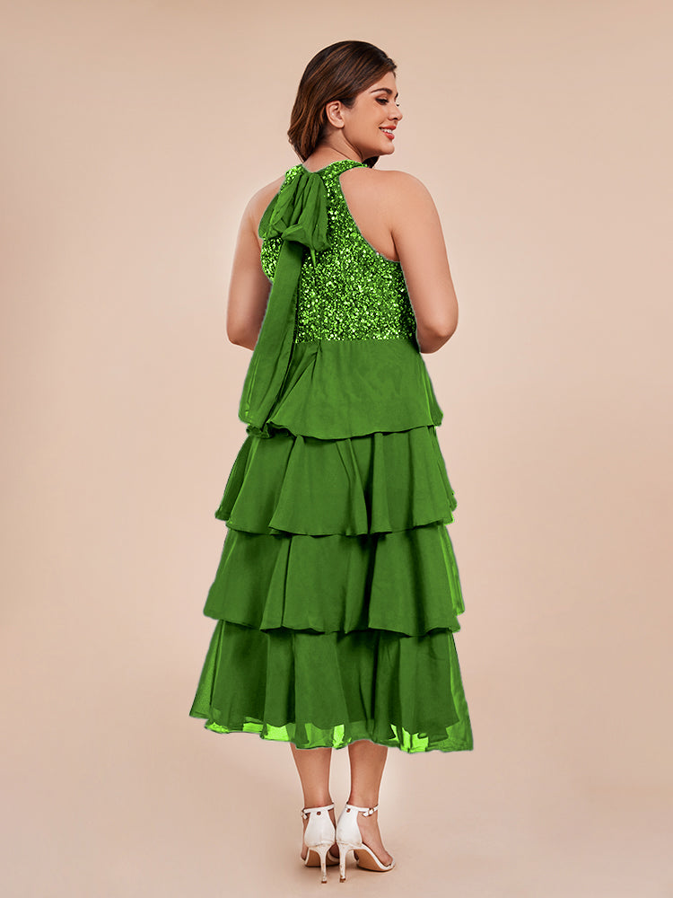 A Line Halter Delicate Beaded Top Layered Chiffon Mother of the Bride Dress