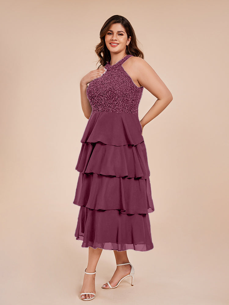A Line Halter Delicate Beaded Top Layered Chiffon Mother of the Bride Dress