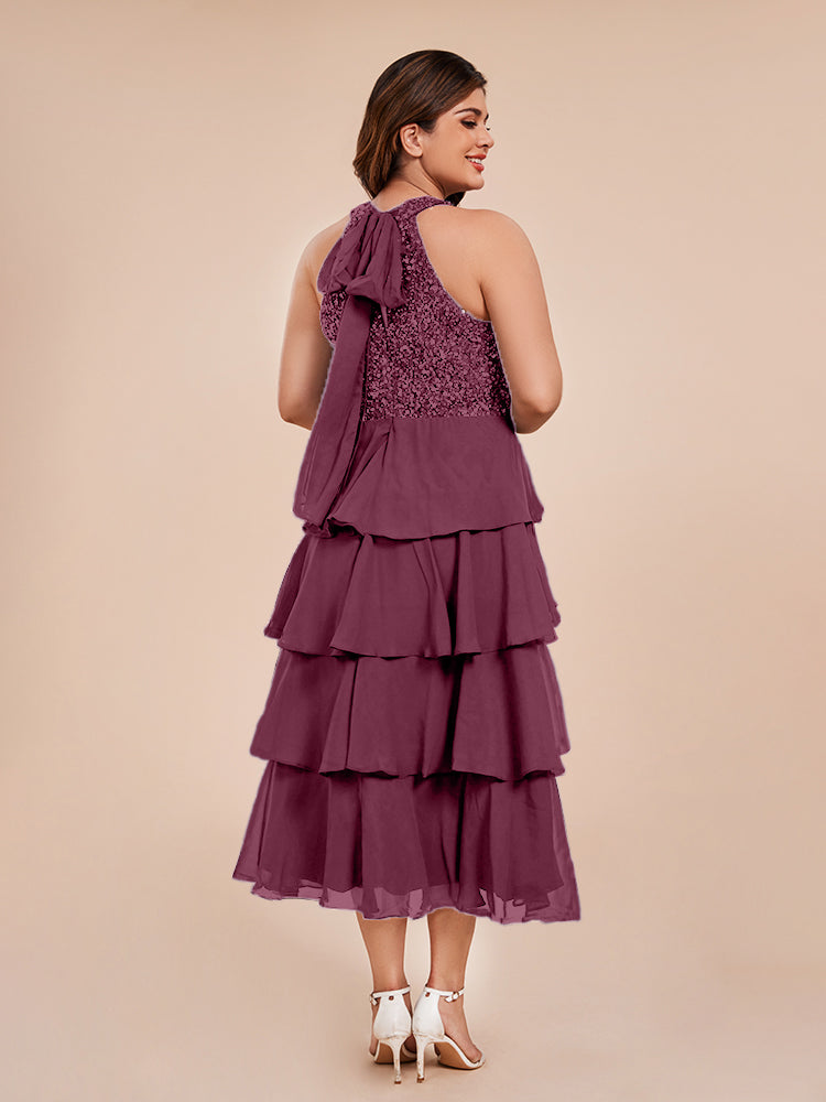 A Line Halter Delicate Beaded Top Layered Chiffon Mother of the Bride Dress