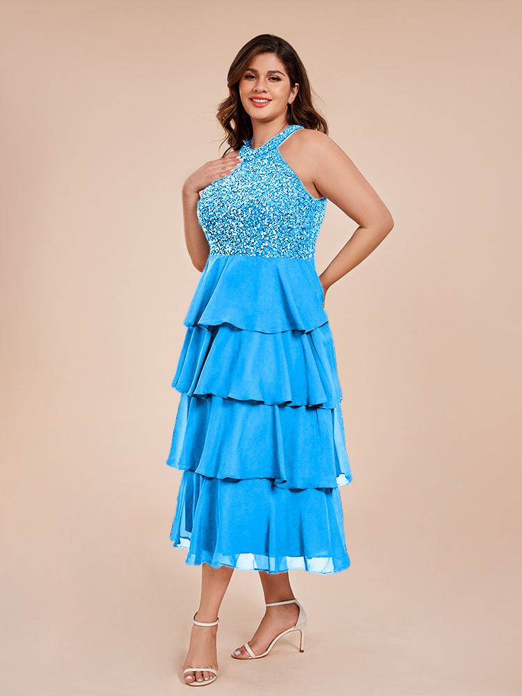 A Line Halter Delicate Beaded Top Layered Chiffon Mother of the Bride Dress