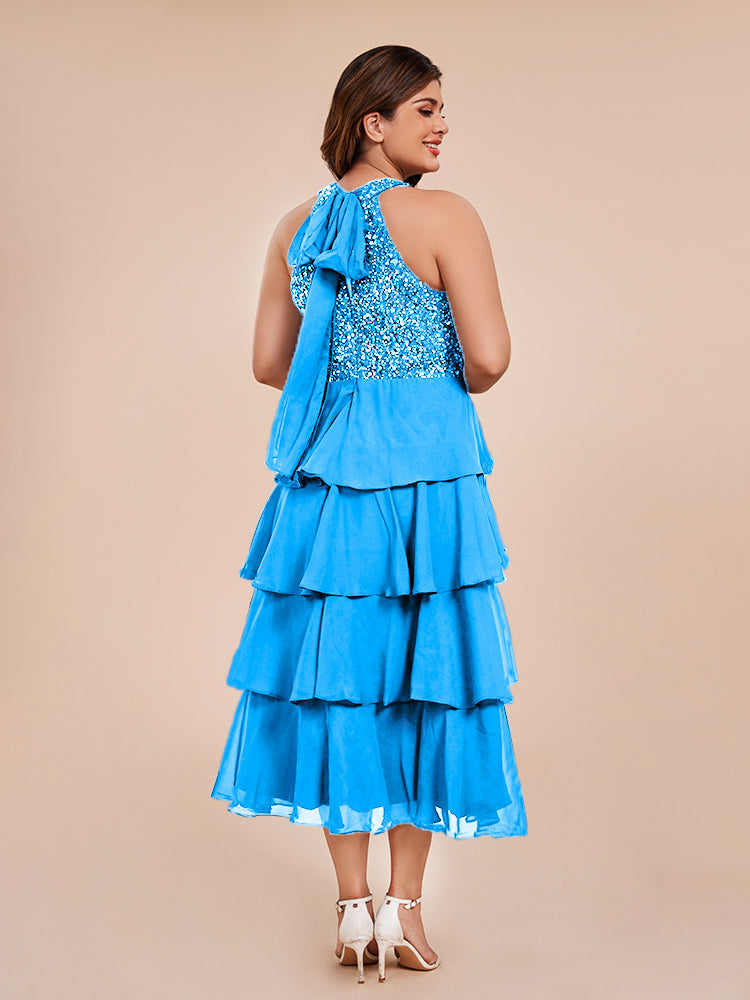 A Line Halter Delicate Beaded Top Layered Chiffon Mother of the Groom Dress