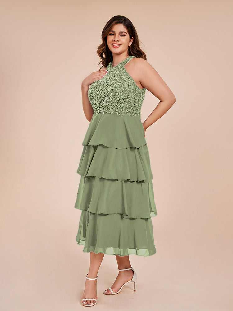 A Line Halter Delicate Beaded Top Layered Chiffon Mother of the Groom Dress