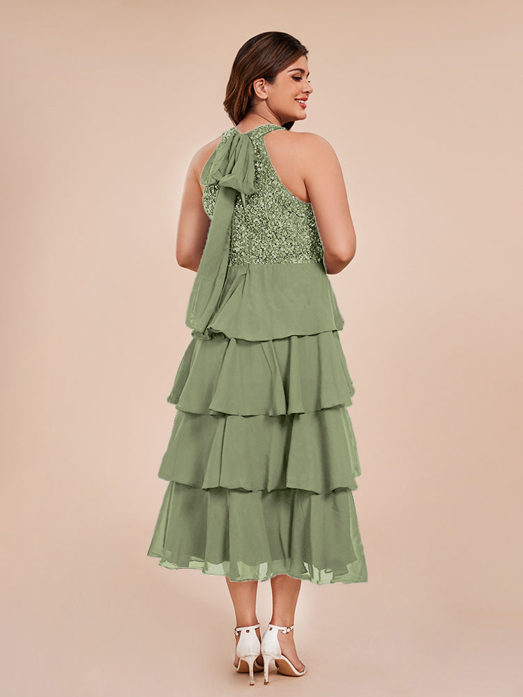 A Line Halter Delicate Beaded Top Layered Chiffon Mother of the Groom Dress