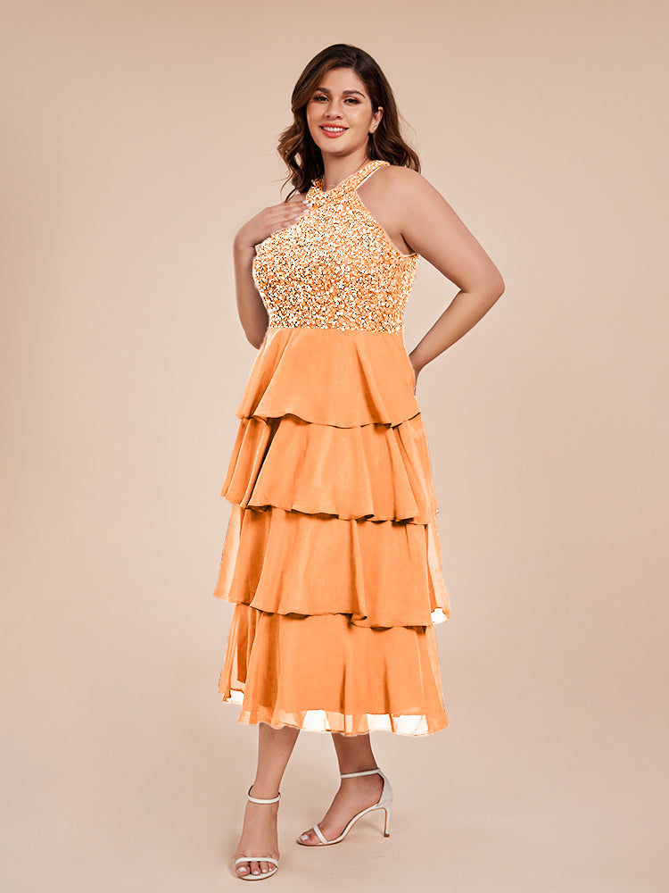 A Line Halter Delicate Beaded Top Layered Chiffon Mother of the Bride Dress